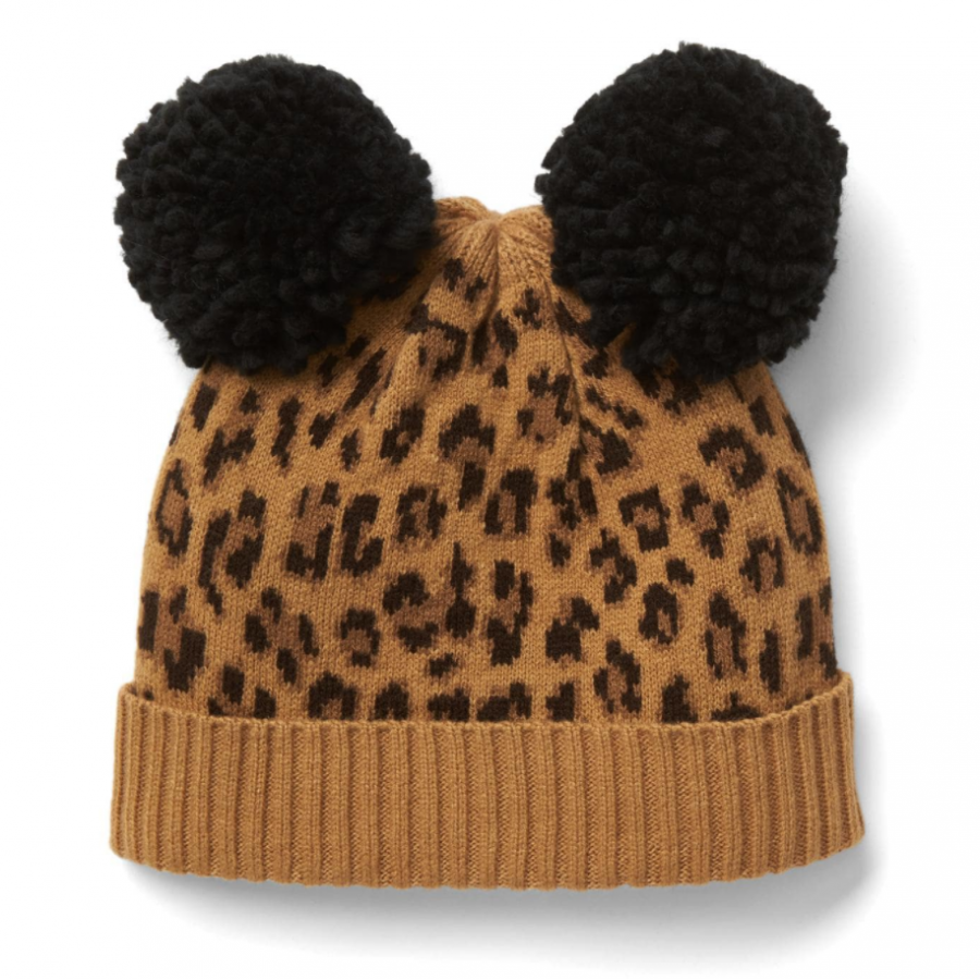 豹紋毛球編織毛帽